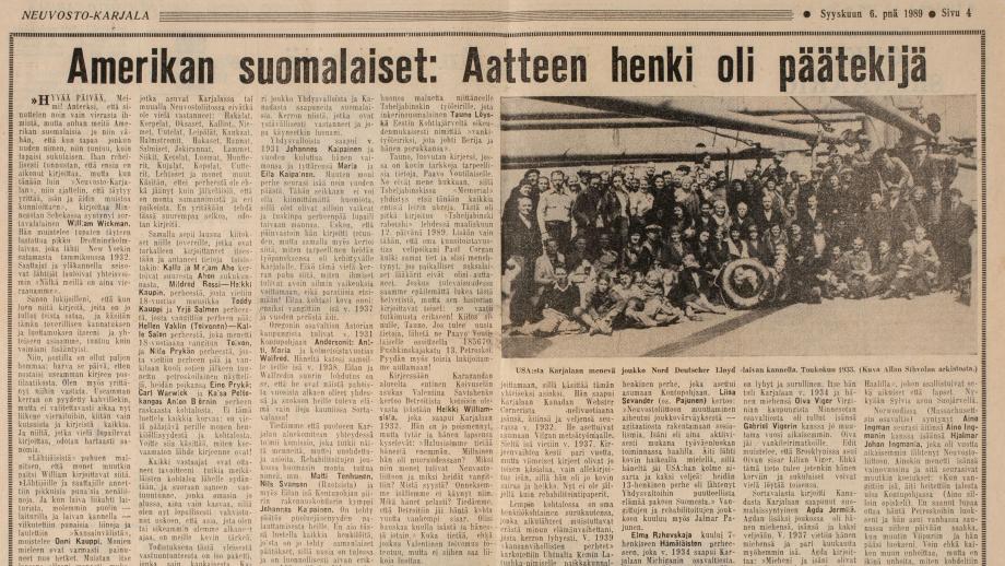 Neuvosto-Karjala -lehdessä julkaistu Mayme Sevanderin kirjoittama artikkeli. SKS KRA, Laatunen-suvun arkisto. CC BY 4.0
